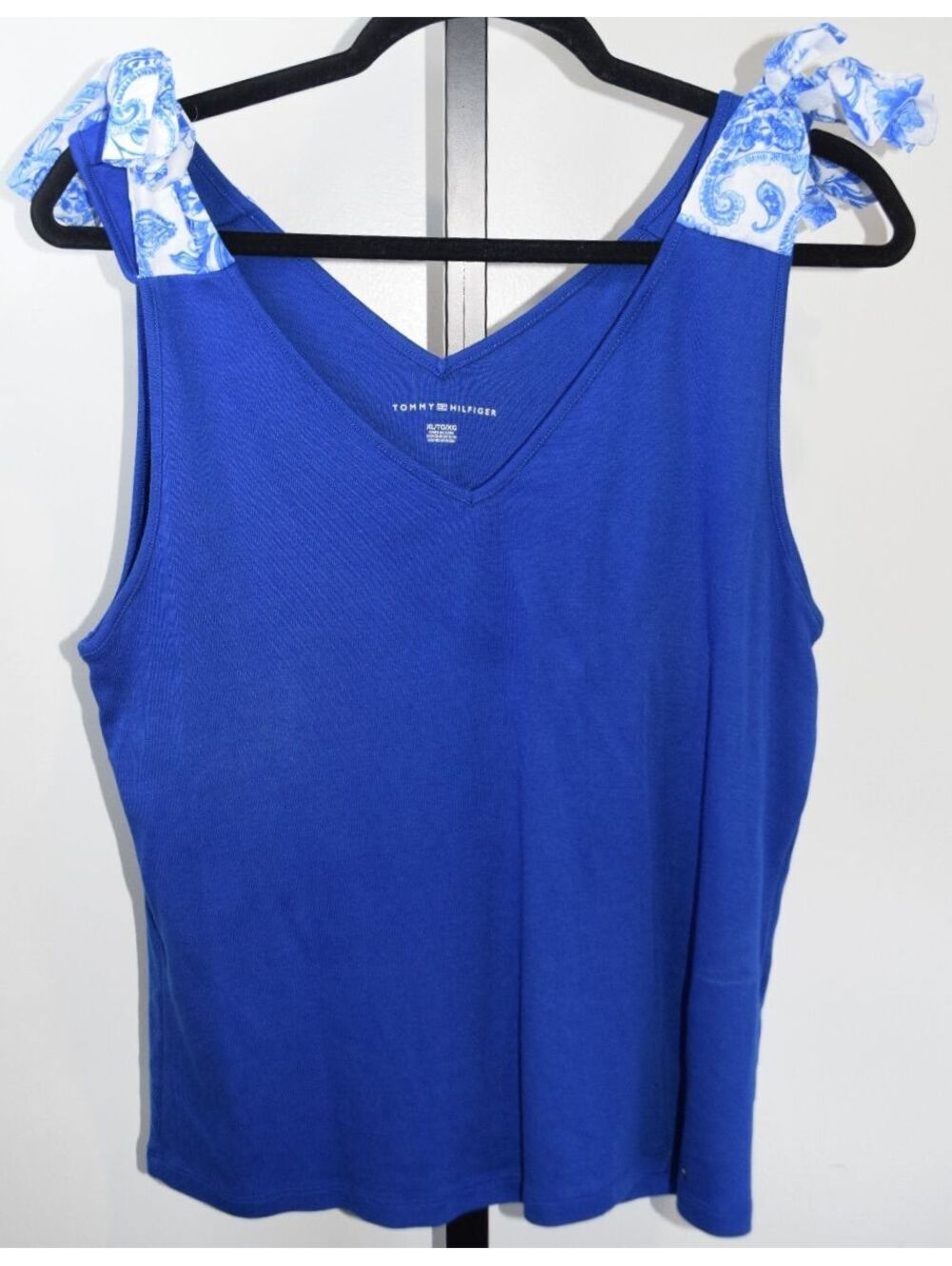 Tommy Hilfiger Blue Tie Shoulder Tank Top Paisley Straps V Neck XL